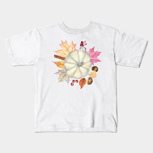 White Pumpkin and Autumn Leaves Kids T-Shirt